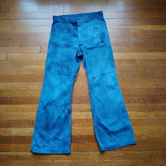 Vintage 1970s Navy Sailor Bell Bottom Denim Jeans Pants 34 Tie Dye Tie-dye Flare - Picture 1 of 6